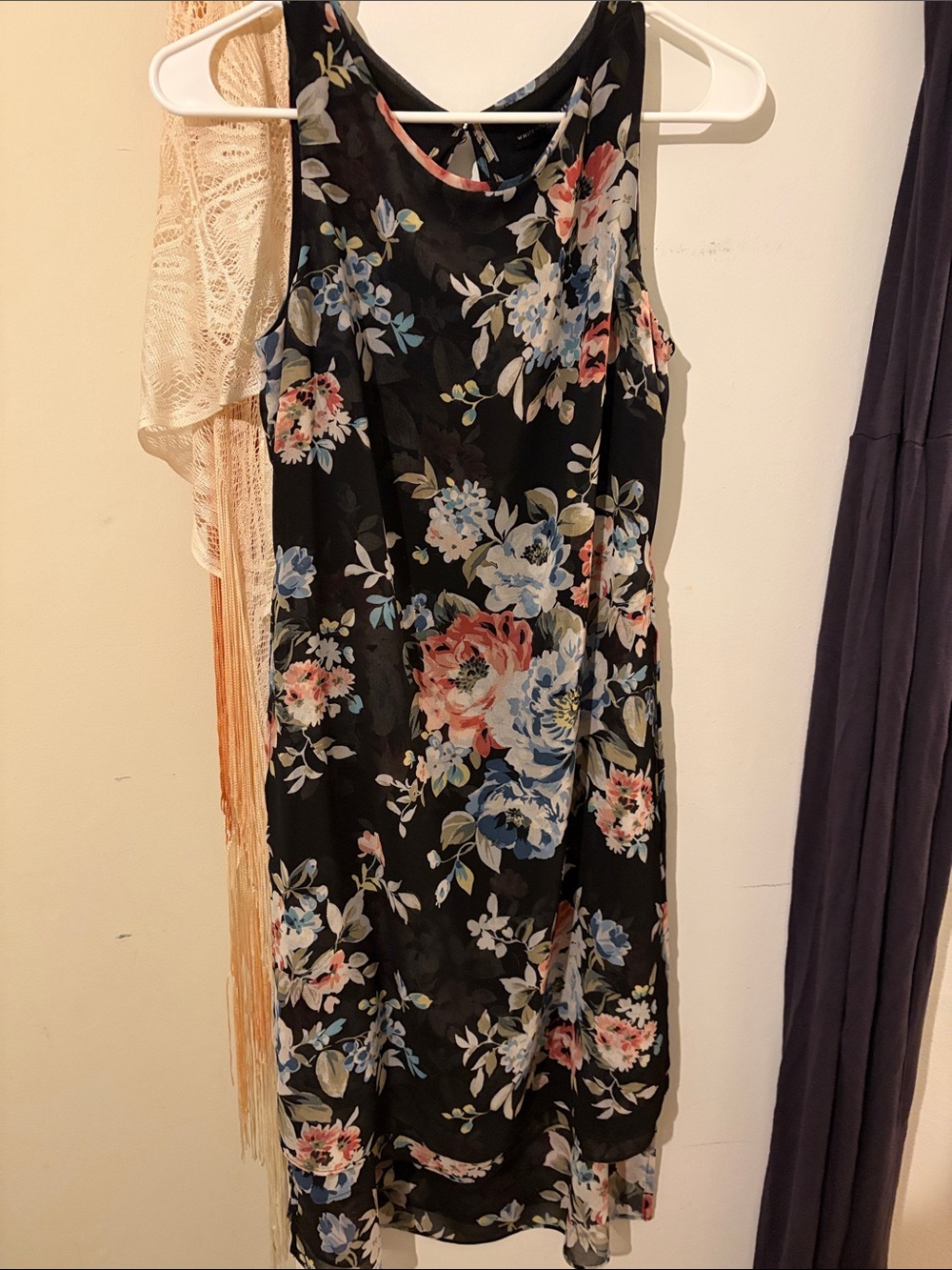 Sleeveless Black Floral Midi Dress with Pink & Blue Blooms